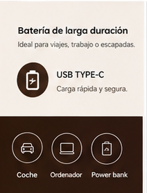 Bateria de larga duracion, carga rapida USB-C