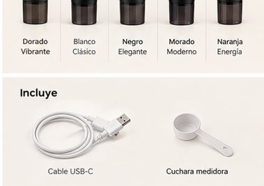 Incluye cable USB-C y cuchara medidora